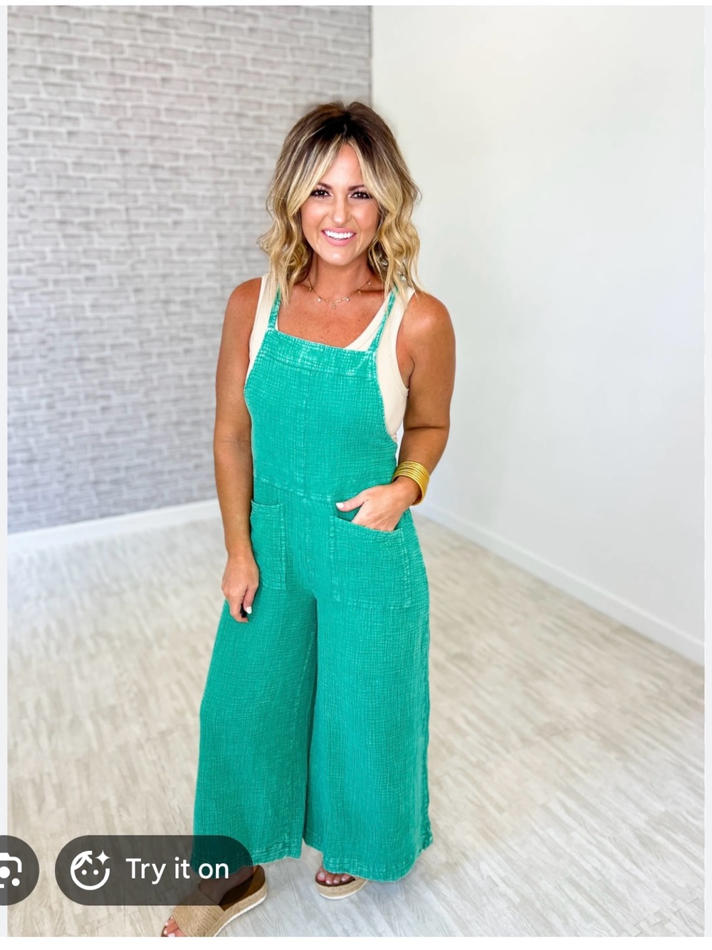 Easel Turquoise Mineral Washed Sleeveless Linen-Blend Jumpsuit